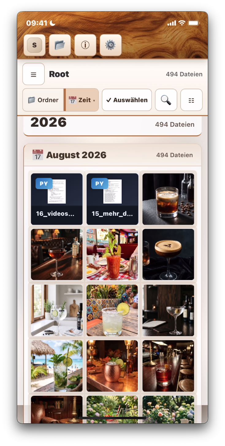 Gatterie Mobile Beta mit einer nach Monaten geordneten Galerie auf dem iPhone