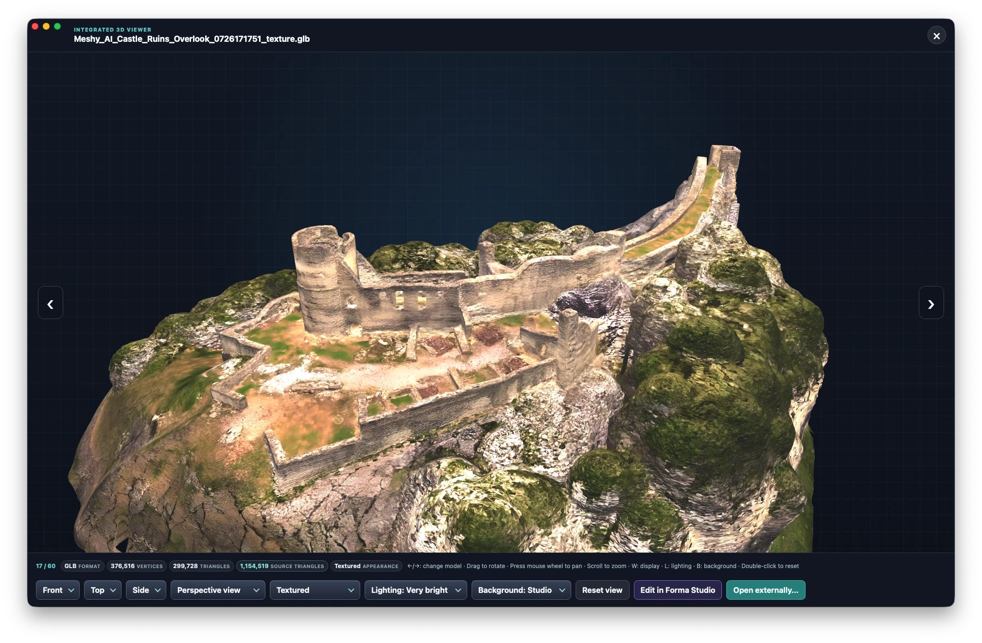 Gatteries integrierter 3D-Viewer zeigt ein texturiertes Modell einer Burgruine